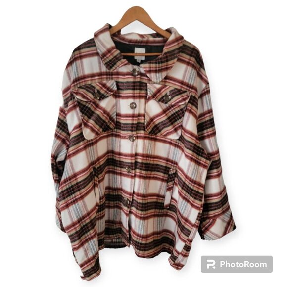 Kensie Jeans Plus Size Button Down Cream And Red Flannel Shaket Size 3X - Picture 1 of 5